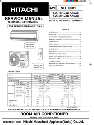 Hitachi Ras25yh4 Rac25yh4 Air Conditioner Service Manual