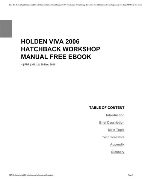 Holden Viva 2006 Hatchback Workshop Manual Free Ebook