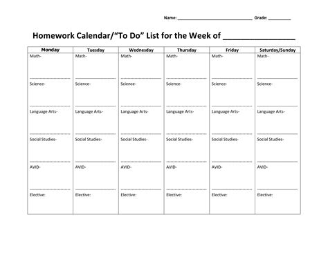 Homework Calendar Template