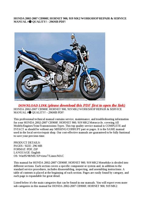 Honda Hornet Cb900f Service Manual Parts Catalog 2002 2007