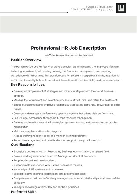 Hr Job Description Template