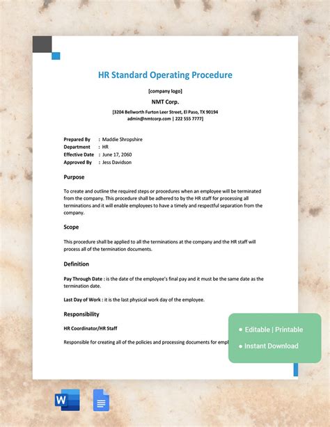 Human Resources Standard Operating Procedures Template