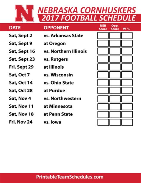 Husker Football Schedule Printable