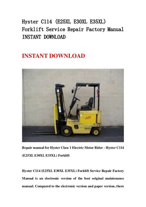 Hyster C114 E25 35xl Service Shop Manual Forklift Workshop Repair Book