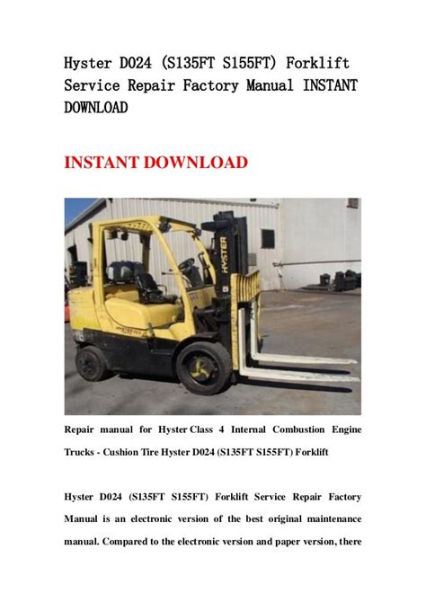 Hyster D024 S135ft S155ft Forklift Service Repair Factory Manual Instant Download