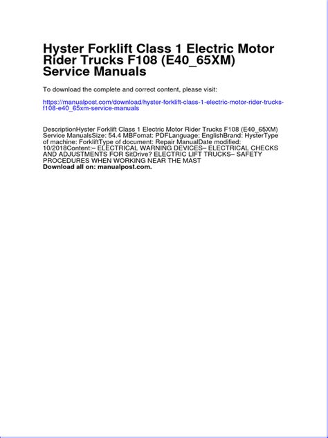 Hyster F108 E40 65xm Pre Sem Service Shop Manual Forklift Workshop Repair Book