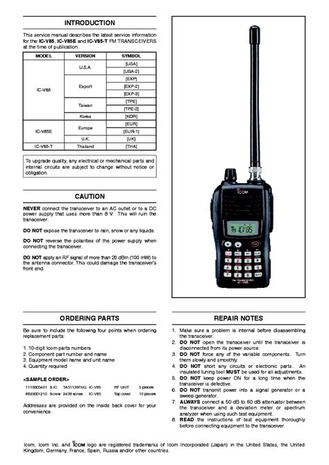 Icom Ic V85 Ic V85e Ic V85t Service Repair Manual Download