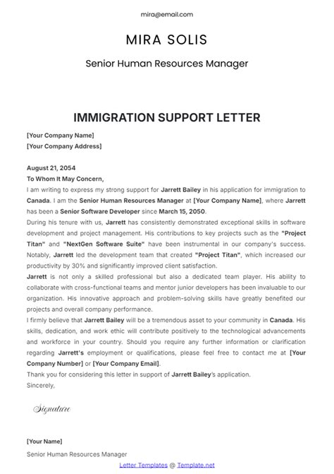 Immigration Letter Of Support Template