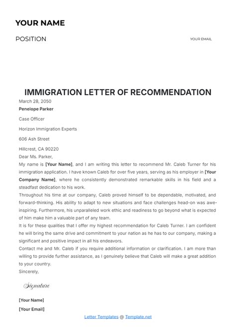 Immigration Recommendation Letter Template