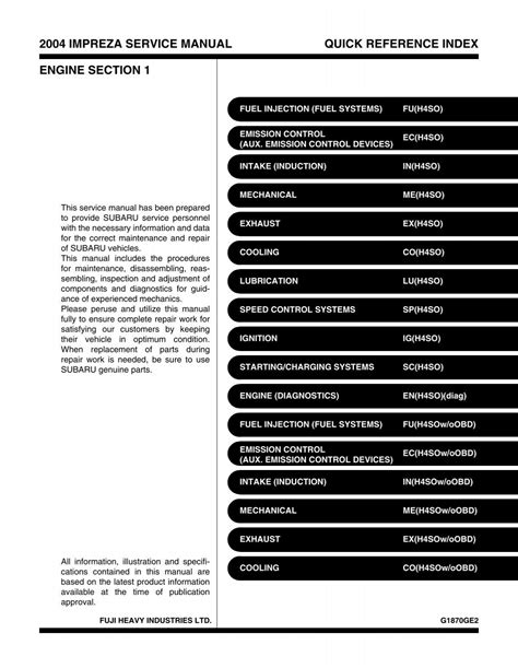 Impreza Service Manual Quick Reference Index General