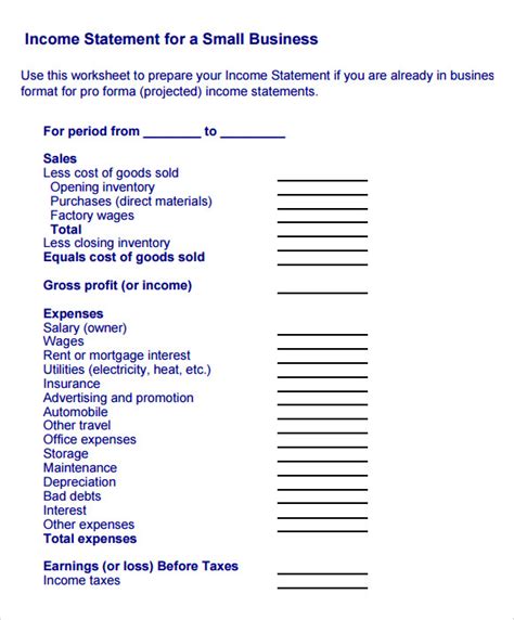 Income Statement Template Small Business