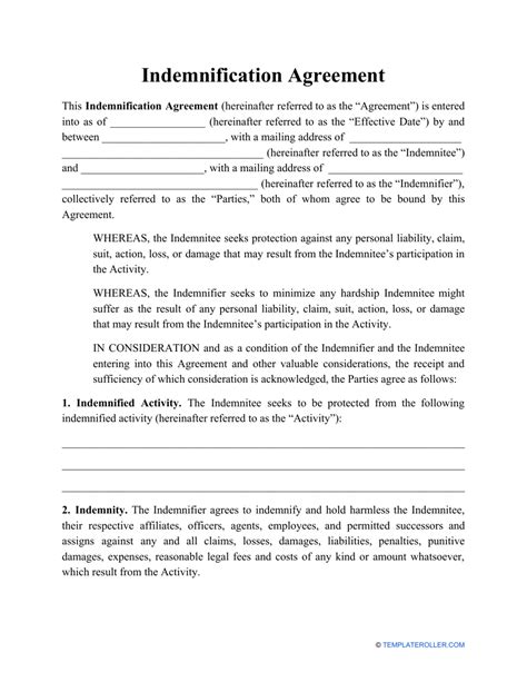Indemnification Form Template