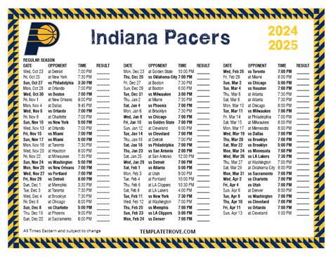 Indiana Pacers Printable Schedule