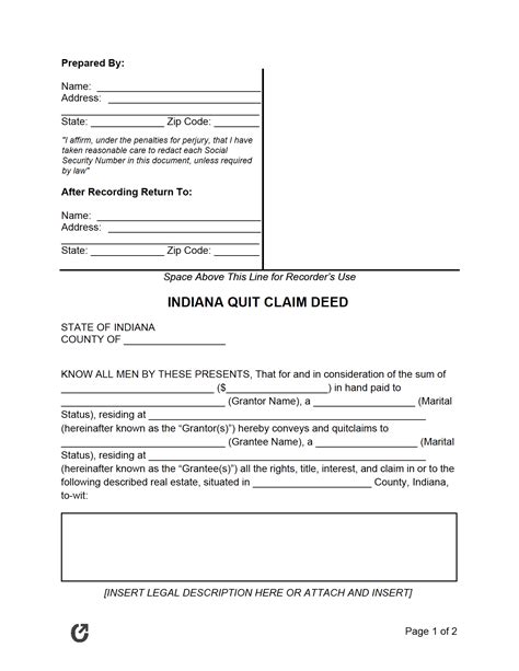 Indiana Quit Claim Deed Template