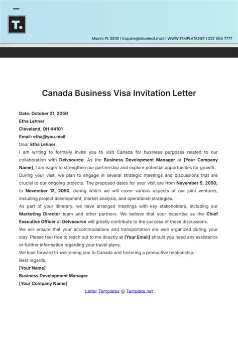 Invitation Letter To Canada Template