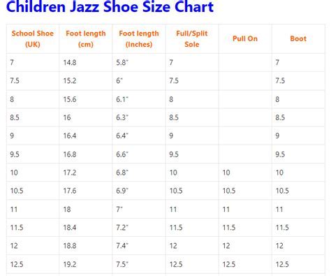 Jazz Shoe Size Chart
