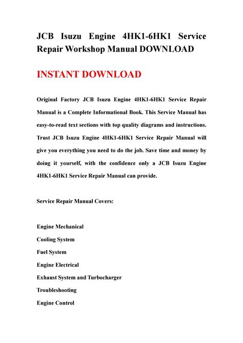 Jcb Isuzu Engine 4hk1 6hk1 Service Repair Workshop Manual Download