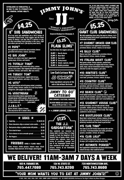 Jimmy John Printable Menu