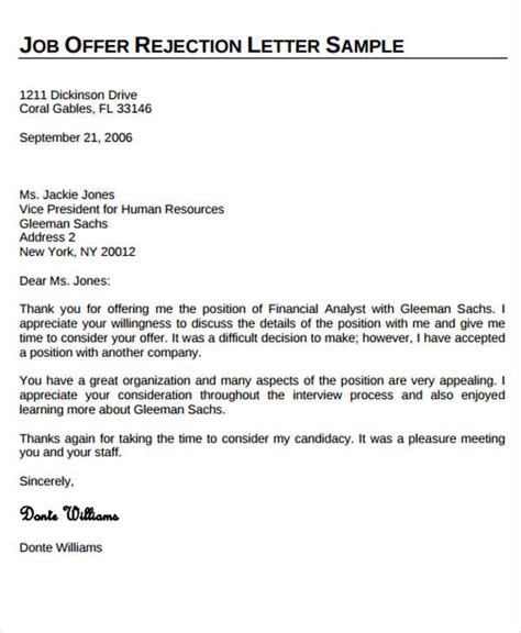 Job Offer Rejection Letter Template