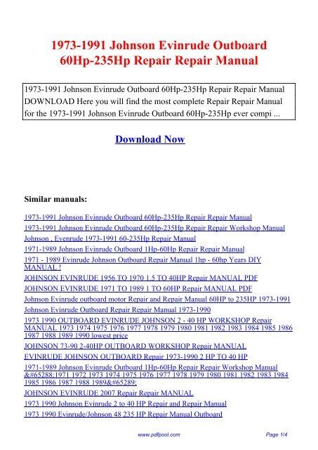 Johnson Evinrude Outboard 60hp 235hp Repair Service Manual Instant Download 1973 1991