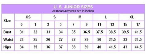 Junior Womens Size Chart