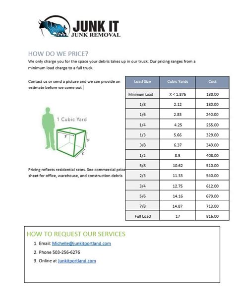 Junk Removal Price Sheet Template