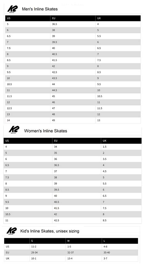 K2 Size Chart