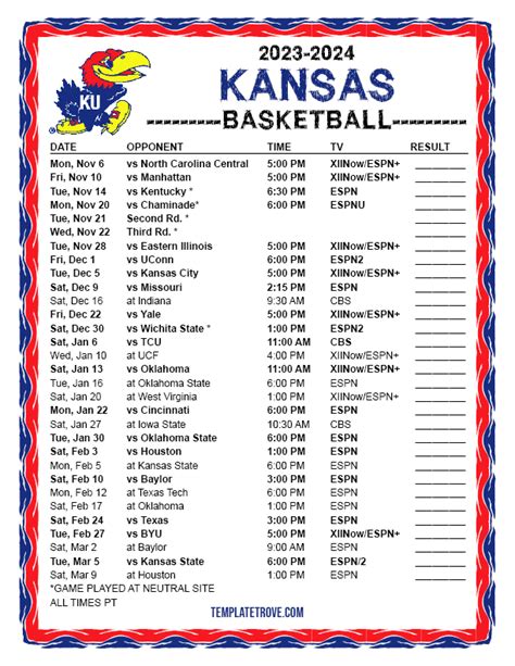 Kansas Basketball Printable Schedule