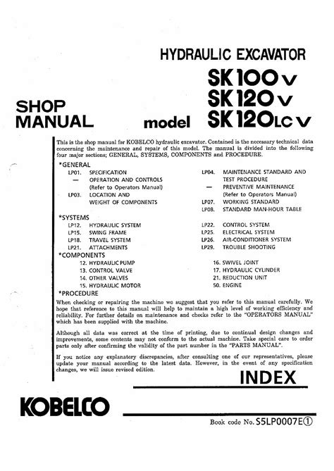 Kobelco Sk100 V Sk120 V Sk120lc V Crawler Excavator Service Repair Manual Download Yw06501 Lp11001 Yp02301