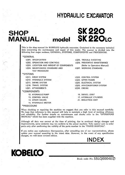 Kobelco Sk220 Sk220lc Crawler Excavator Service Repair Manual Download Lq 03075 Ll 02081