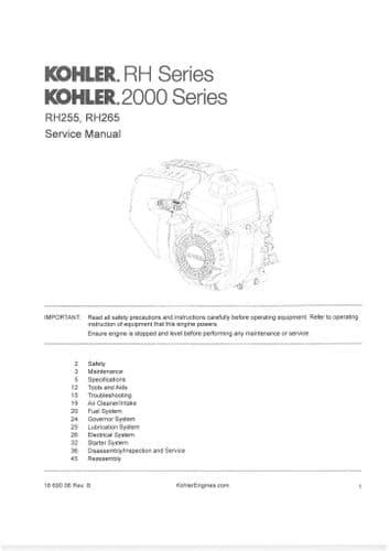 Kohler 2000 Series Rh 255 Rh265 Service Repair Manual