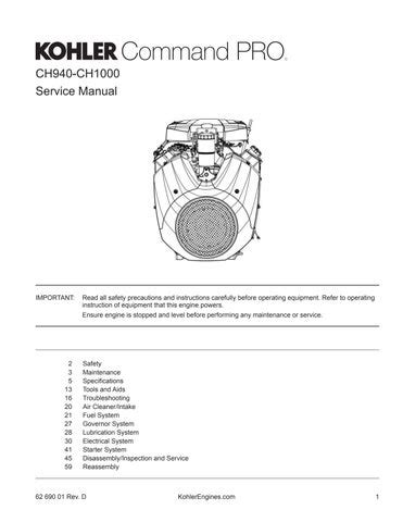 Kohler Command Pro Model Ch960 36hp Engine Full Service Repair Manual