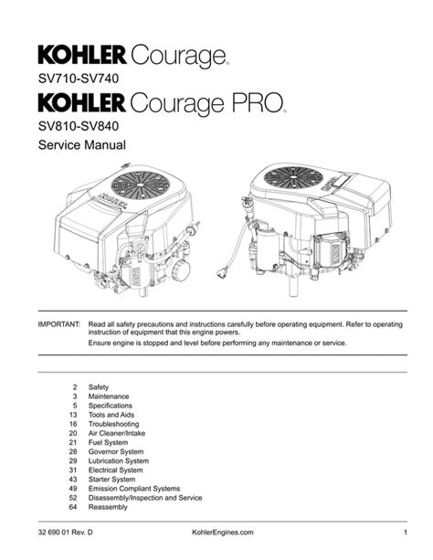 Kohler Courage Pro Sv820 Sv830 Sv 820 830 Service Repair Fix Workshop Manual