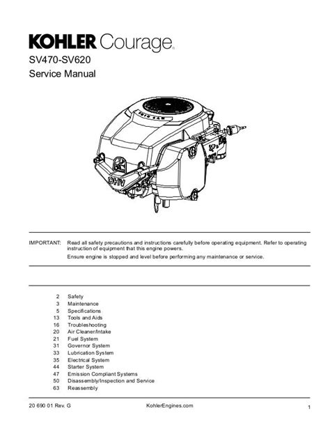 Kohler Courage Sv470 Sv 470 Service Workshop Manual