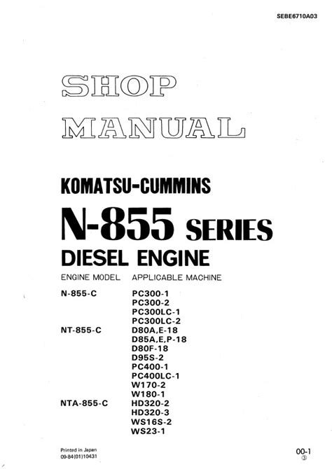 Komatsu Cummins Nt 855 Series Engine Workshop Service Repair Manual Download