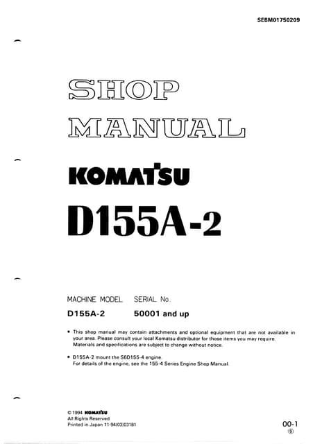 Komatsu D155a 2 Dozer Bulldozer Service Repair Workshop Manual Download Sn 50001 And Up