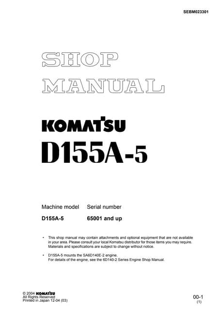 Komatsu D155a 5 Dozer Bulldozer Service Repair Workshop Manual Download Sn 65001 And Up