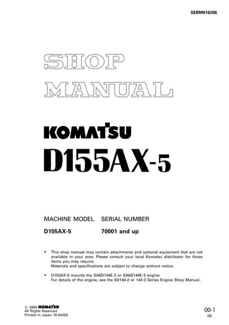 Komatsu D155ax 3 Dozer Service Workshop Repair Manual