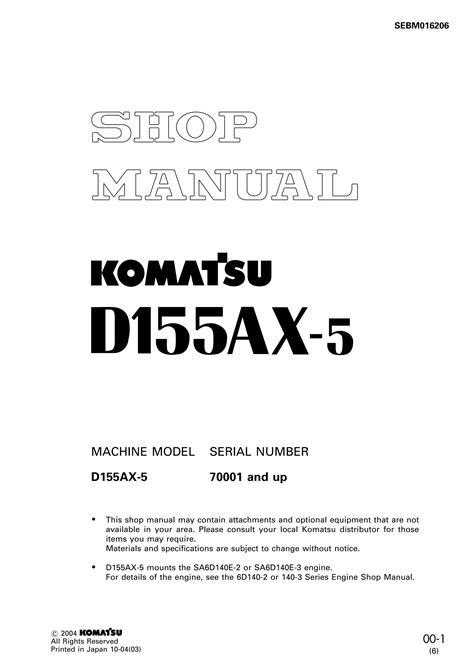 Komatsu D155ax 5 Bulldozer Service Repair Workshop Manual Download S N 70001 And Up