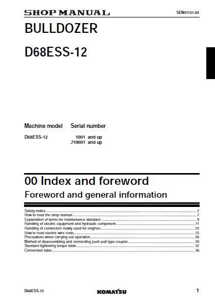 Komatsu D68ess 12 Dozer Bulldozer Service Repair Workshop Manual Download Sn 1001 And Up J10001 And Up