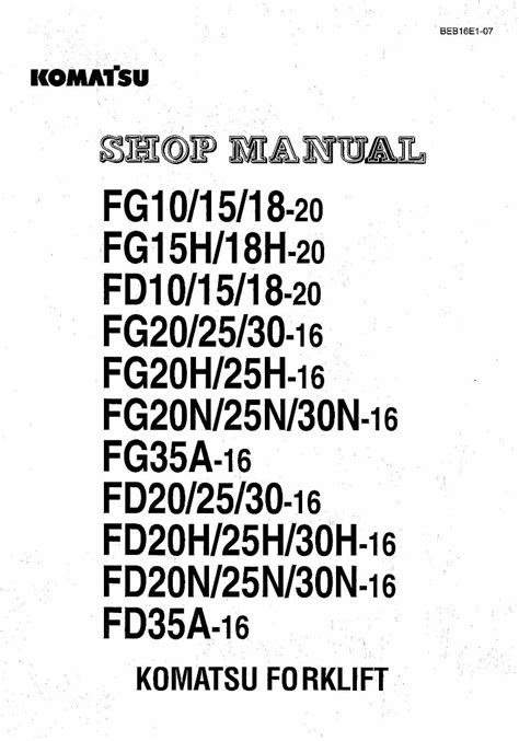 Komatsu Fg Fd 10 15 18 20 25 30 35 Series Service Shop Manual Forklift Workshop Repair Book