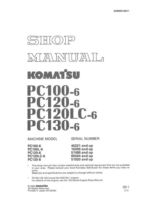 Komatsu Pc100 6 Pc120 Lc 6 Pc130 6 Excavator Manual