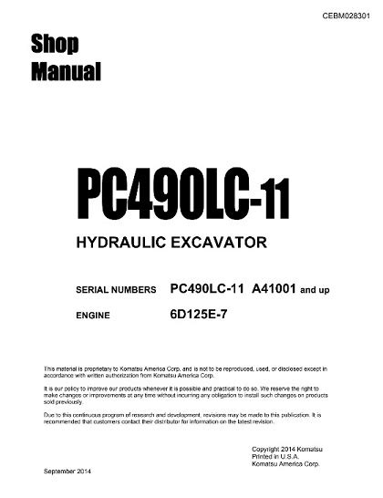 Komatsu Pc490lc 11 Hydraulic Excavator Workshop Service Repair Manual Download Sn A41001 And Up