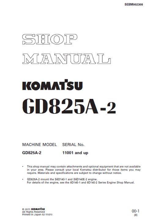 Komatsu Service Gd825a 2 Series Shop Manual Motor Grader Workshop Repair Book