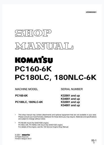 Komatsu Service Pc160 6k Pc180lc 6k Pc180nlc 6k Shop Manual Excavator Repair Book