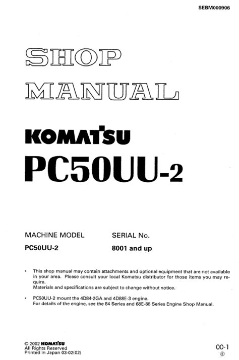 Komatsu Service Pc50uu 2 Shop Manual Excavator Repair Book