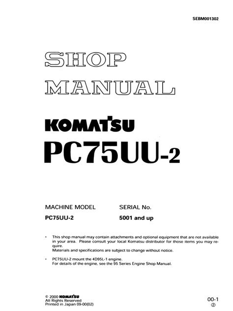 Komatsu Service Pc75uu 2 Shop Manual Excavator Repair Book