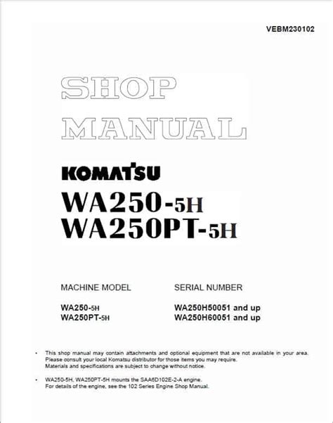 Komatsu Service Wa250 5l Wa250pt 5l Shop Manual Wheel Loader Workshop Repair Book