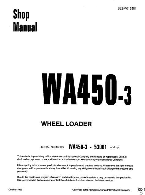 Komatsu Service Wa450 3 Shop Manual Wheel Loader Workshop Repair Book