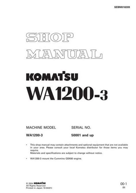 Komatsu Wa1200 3 Wheel Loader Service Repair Workshop Manual Download Sn 50001 And Up